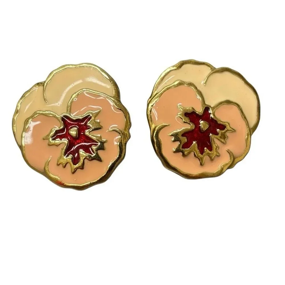 Avon Vintage Full Bloom Pansy Enamel Gold Tone Earrings